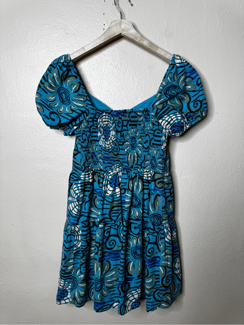 House of Harlow Dress Women’s Small Blue Floral Linen Blend Mini Puff Sleeve - Picture 7 of 8